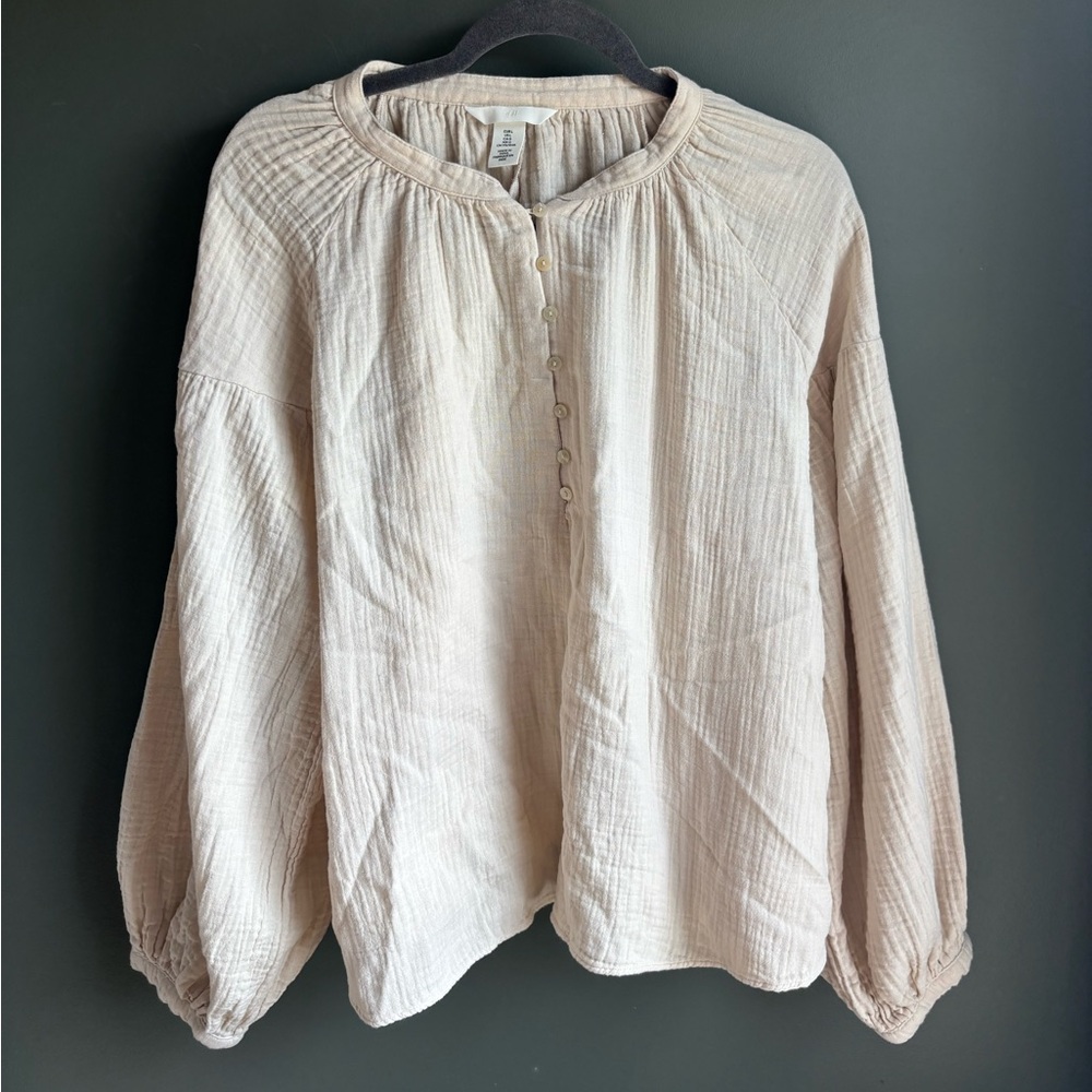 Light Neutral Button-Up Peasant Blouse